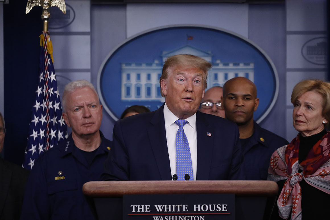 Trump rolls out extraordinary measures to combat coronavirus pandemic amid looming recession. Image via Politico.