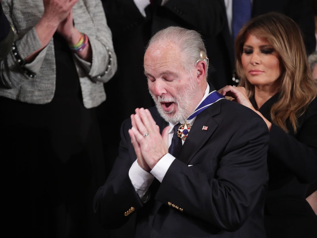 Conservative celebrity and longtime Trump friend Rush Limbaugh awarded the Presidential Medal of Freedom. Image via Business Insider.