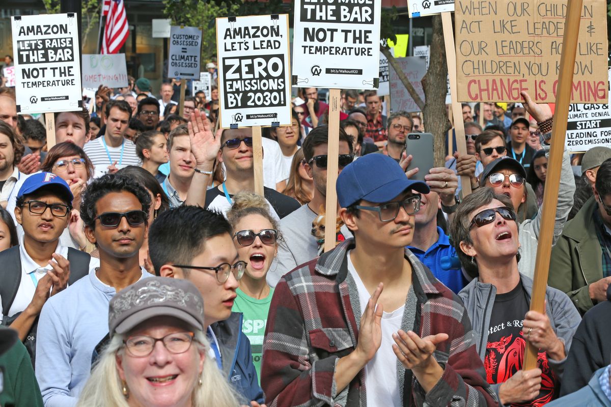 Amazon threatens to fire its employees over climate change action. Image via Vox.