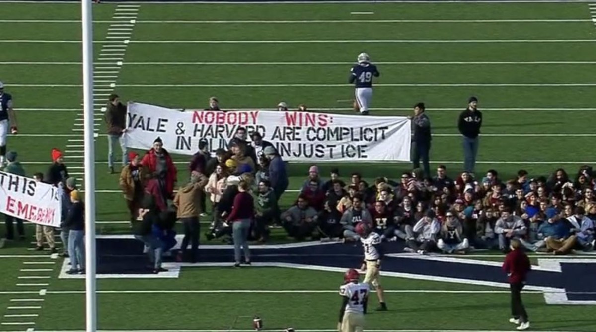 Students and alumni demand Harvard and Yale stop back companies involved in climate change. Image via Banner Society.